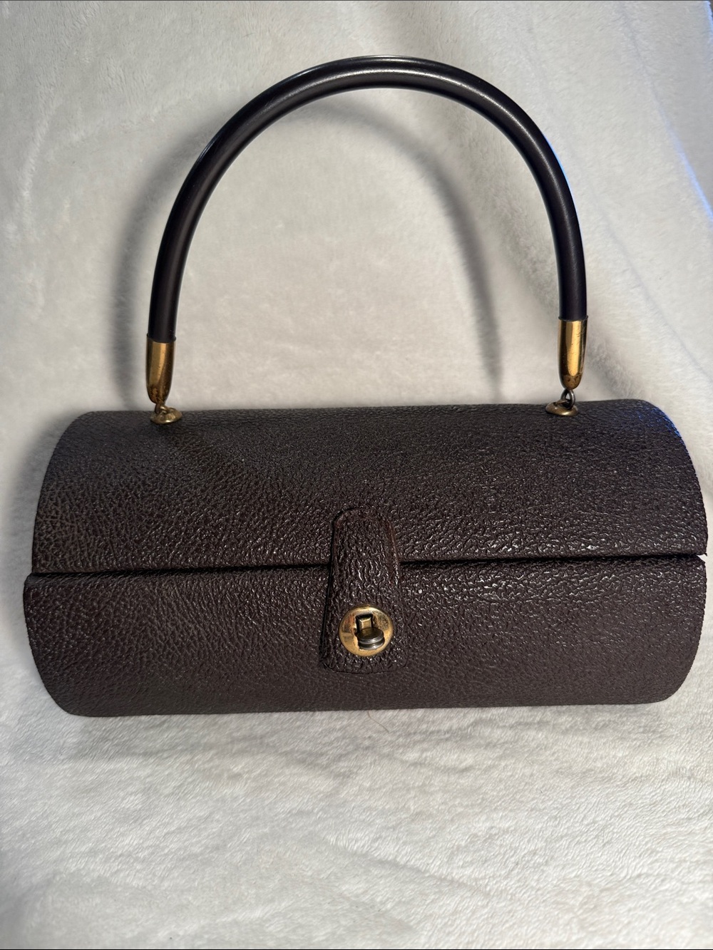 Amazing Vintage Dark Brown Leather Cylinder Bag with Brass Clasp and Hardware